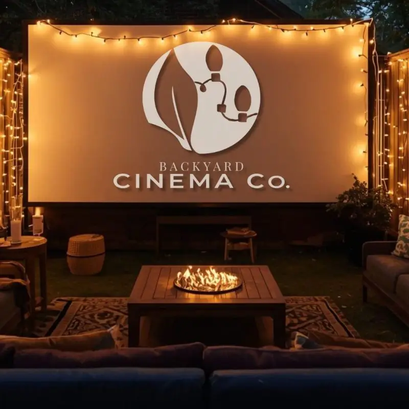 Custom logo design mockup for outdoor backyard cinema business with cosy couches, fairy lights, candles and branded movie screen created by freelance graphic designer in Australia